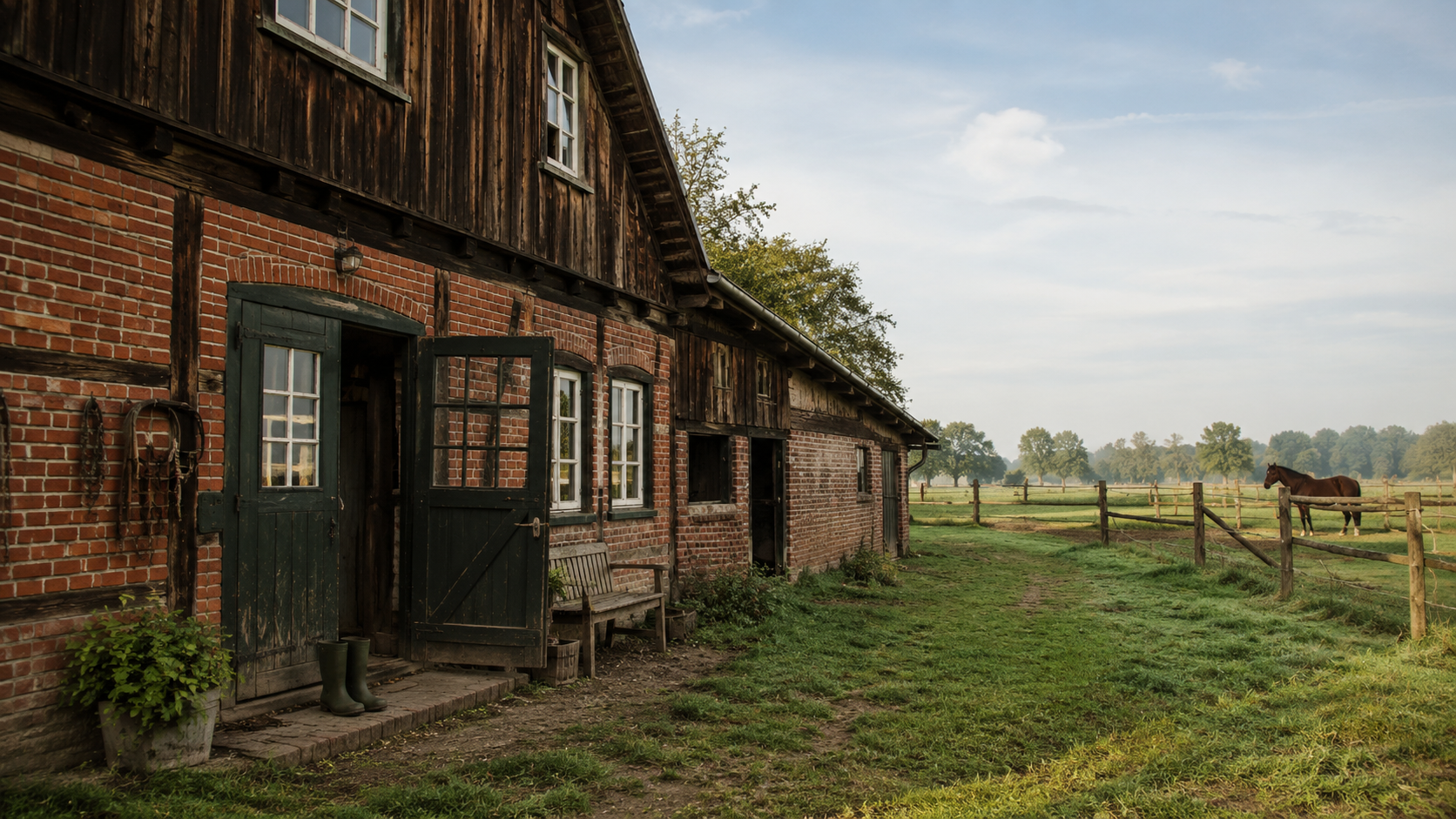 Ein alter Backstein-Resthof mit Weide und Pferd im Morgenlicht